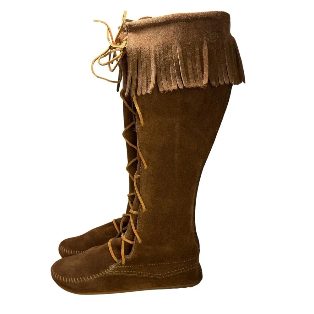 MINNETONKA 1428  Womens Size 7 Front Lace Up Boots Knee High Moccasin Fringe